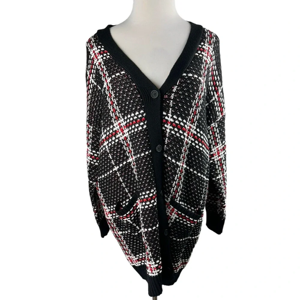 NWT Jessica Simpson Maria Plaid Cardigan Plus Size 3X Thick Knit Blk Red Button - Picture 6 of 8